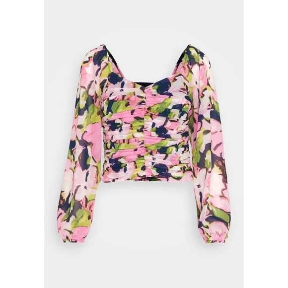 Abercrombie & Fitch Tops - Abercrombie & Fitch Floral Ruched Smocked Long Sleeve Crop Top Pink Green Medium